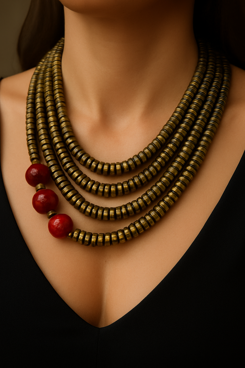Multi-Strand Brass Bead Necklace with Red Natural Stone Accents – Handmade Boho Statement Jewelry