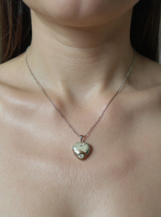 🤎 Natural Jasper Heart Necklace – Stainless Steel Chain