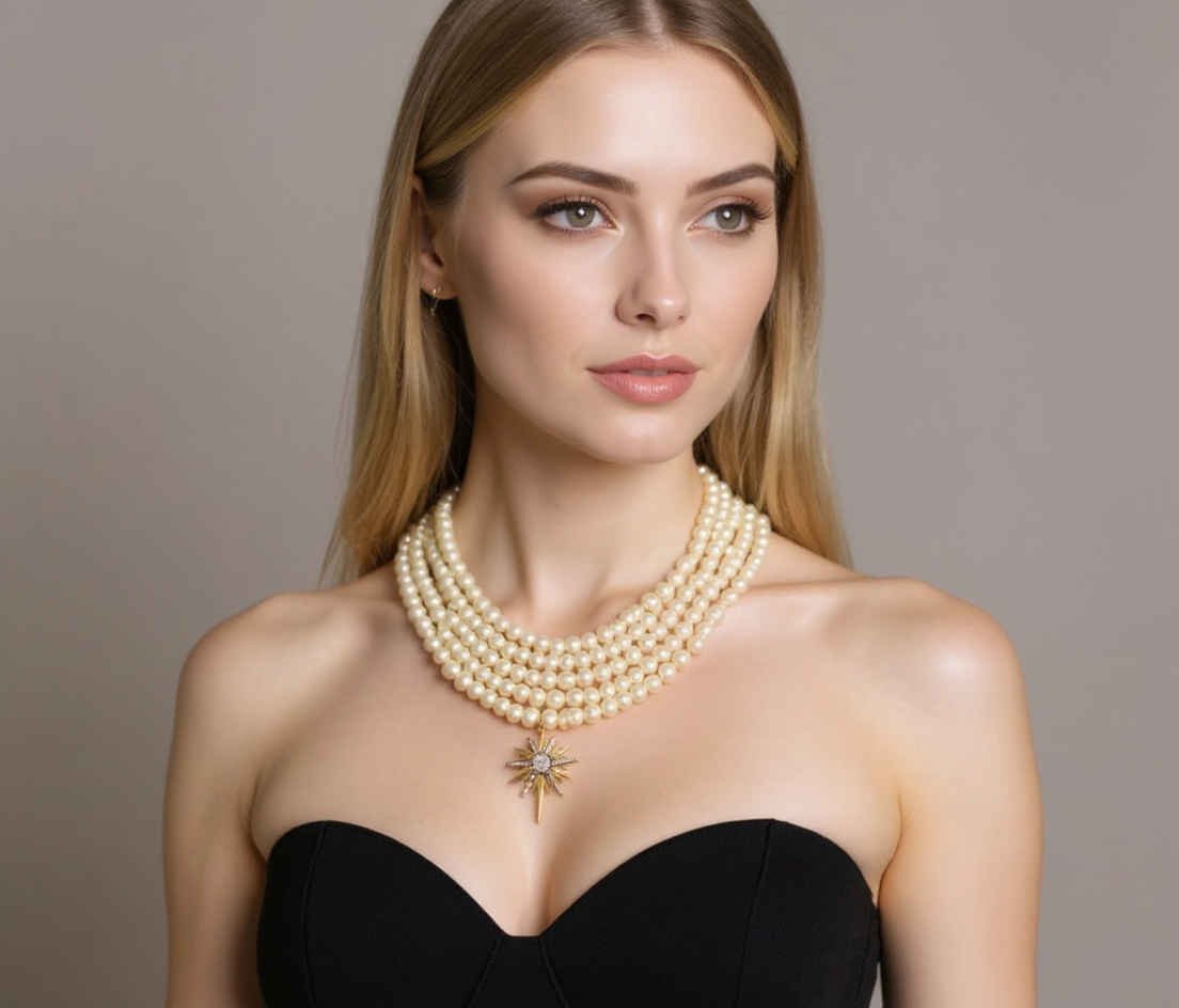 Luxury Handcrafted Pearl Necklace with North Star Pendant | 22K Gold Plated