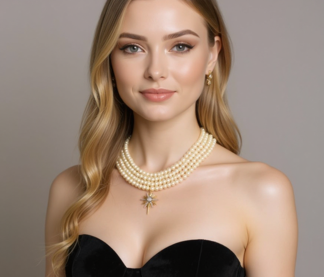 Luxury Handcrafted Pearl Necklace with North Star Pendant | 22K Gold Plated