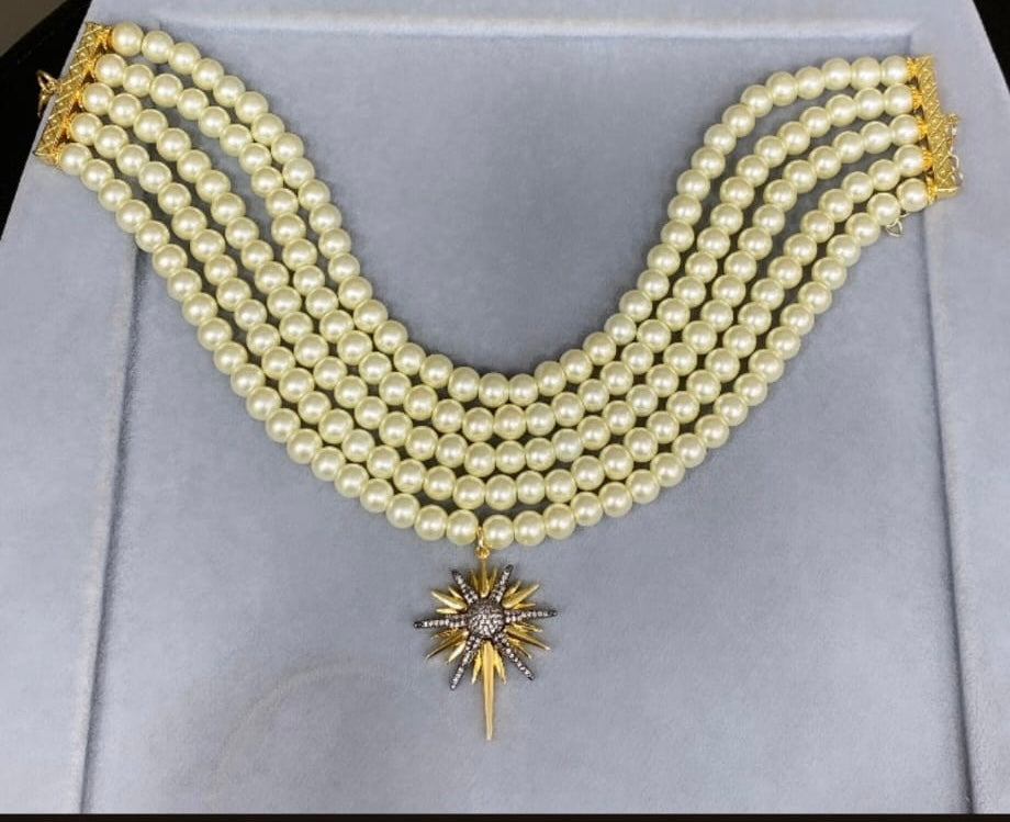 Luxury Handcrafted Pearl Necklace with North Star Pendant | 22K Gold Plated