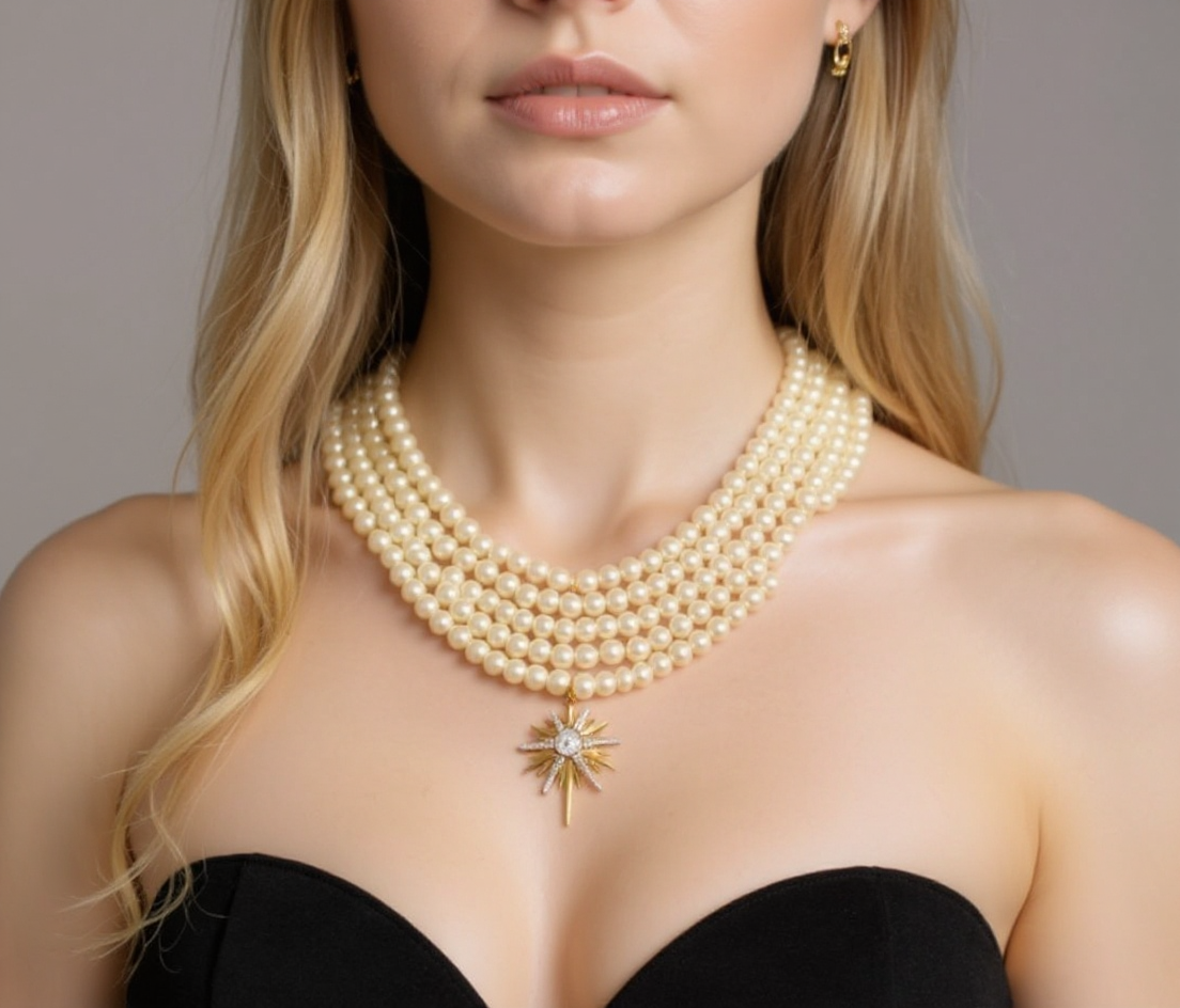 Luxury Handcrafted Pearl Necklace with North Star Pendant | 22K Gold Plated