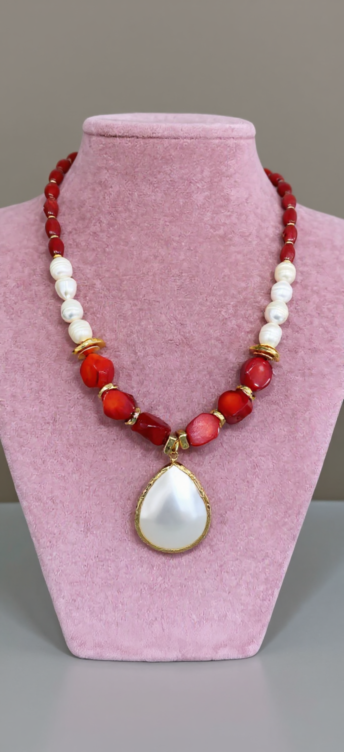 Red Coral & Pearl Statement Necklace with Teardrop Pendant
