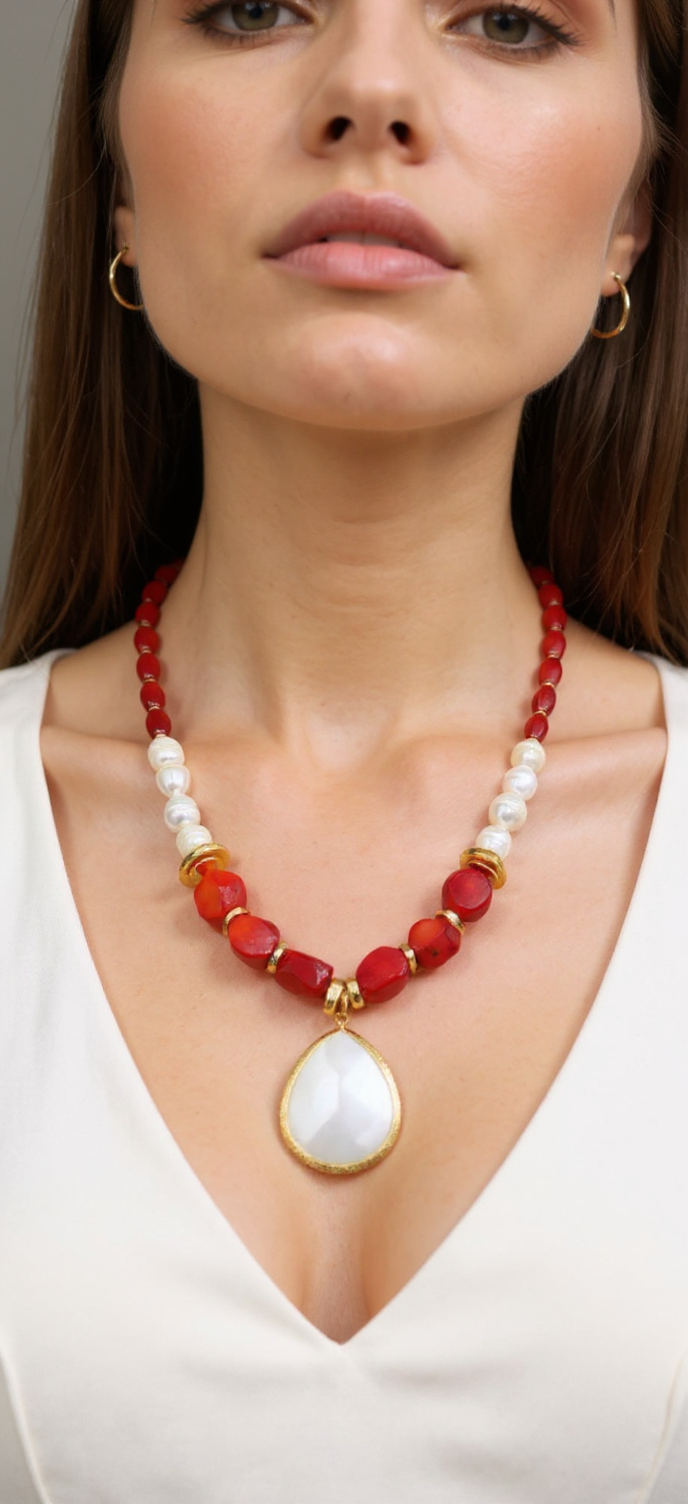 Red Coral & Pearl Statement Necklace with Teardrop Pendant