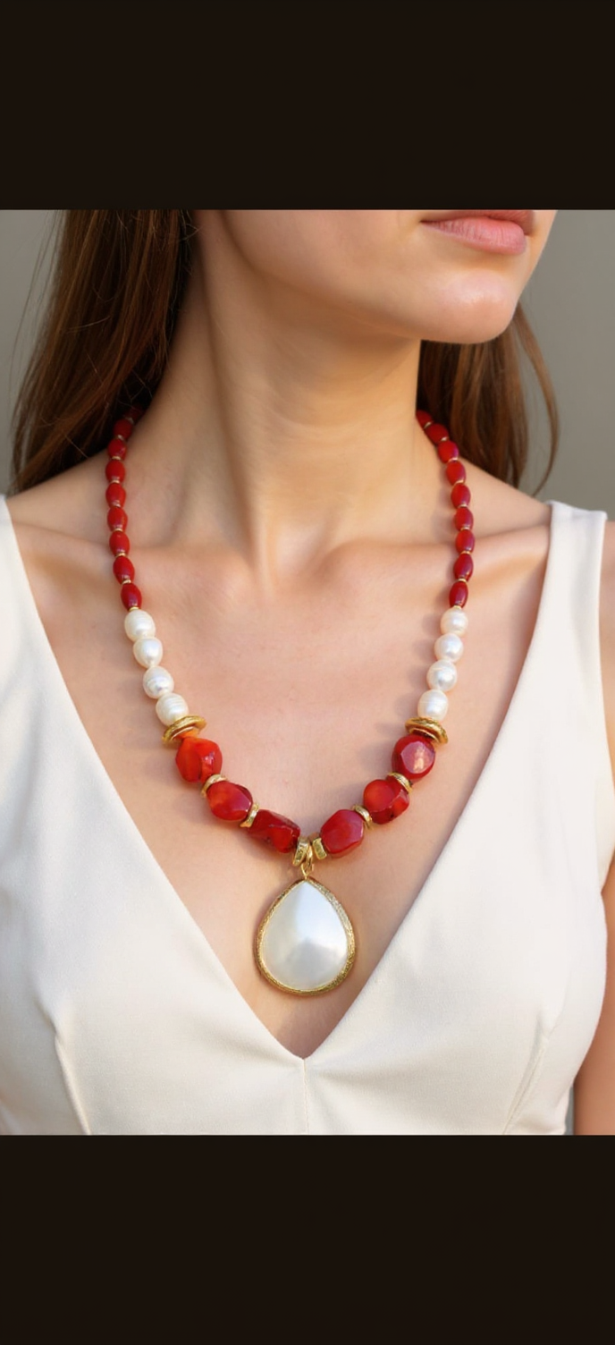 Red Coral & Pearl Statement Necklace with Teardrop Pendant