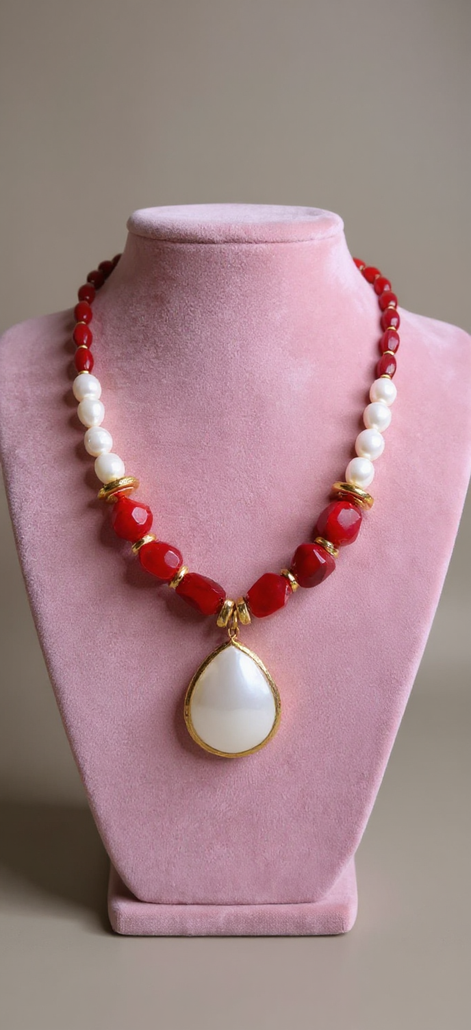 Red Coral & Pearl Statement Necklace with Teardrop Pendant