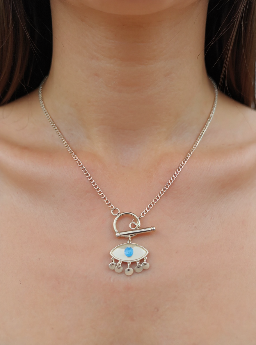 🧿 Silver Evil Eye Pendant Necklace with Dangling Charms