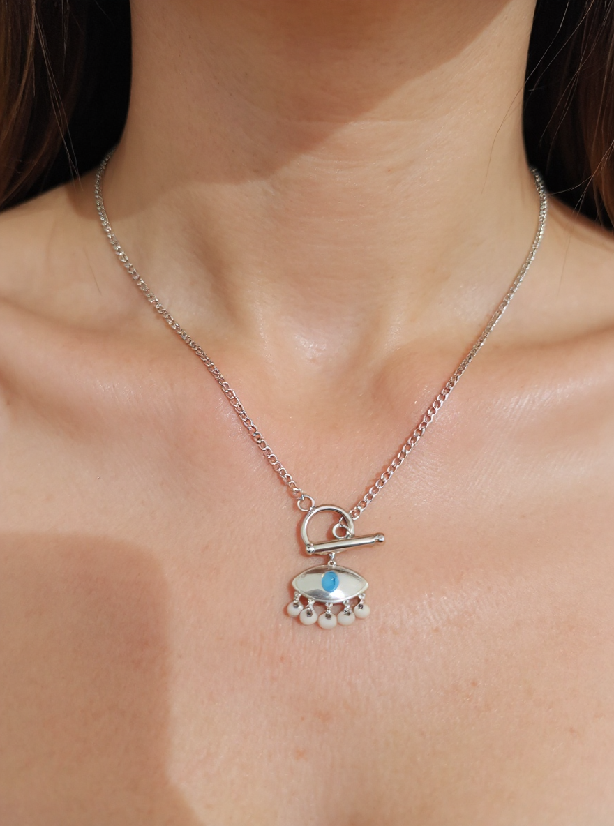 🧿 Silver Evil Eye Pendant Necklace with Dangling Charms