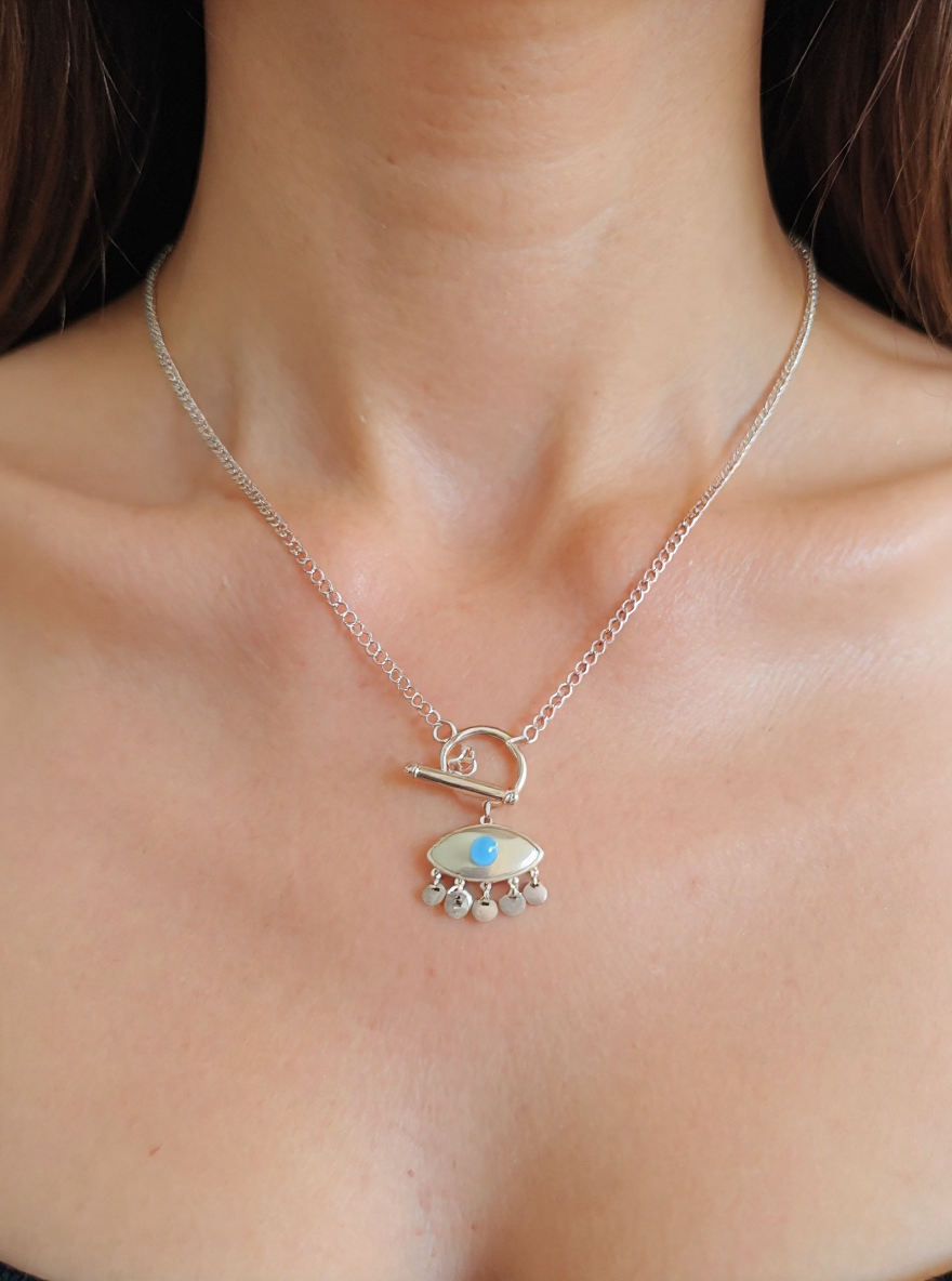 🧿 Silver Evil Eye Pendant Necklace with Dangling Charms