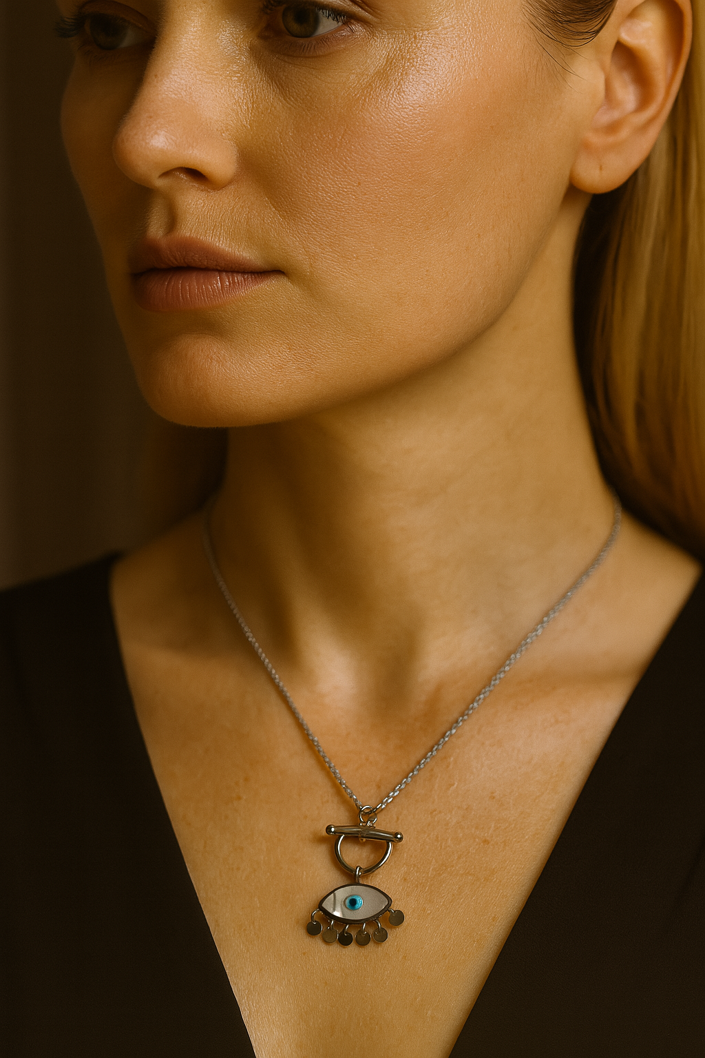 Silver Evil Eye Pendant Necklace with Dangling Charms – Protective Statement Jewelry