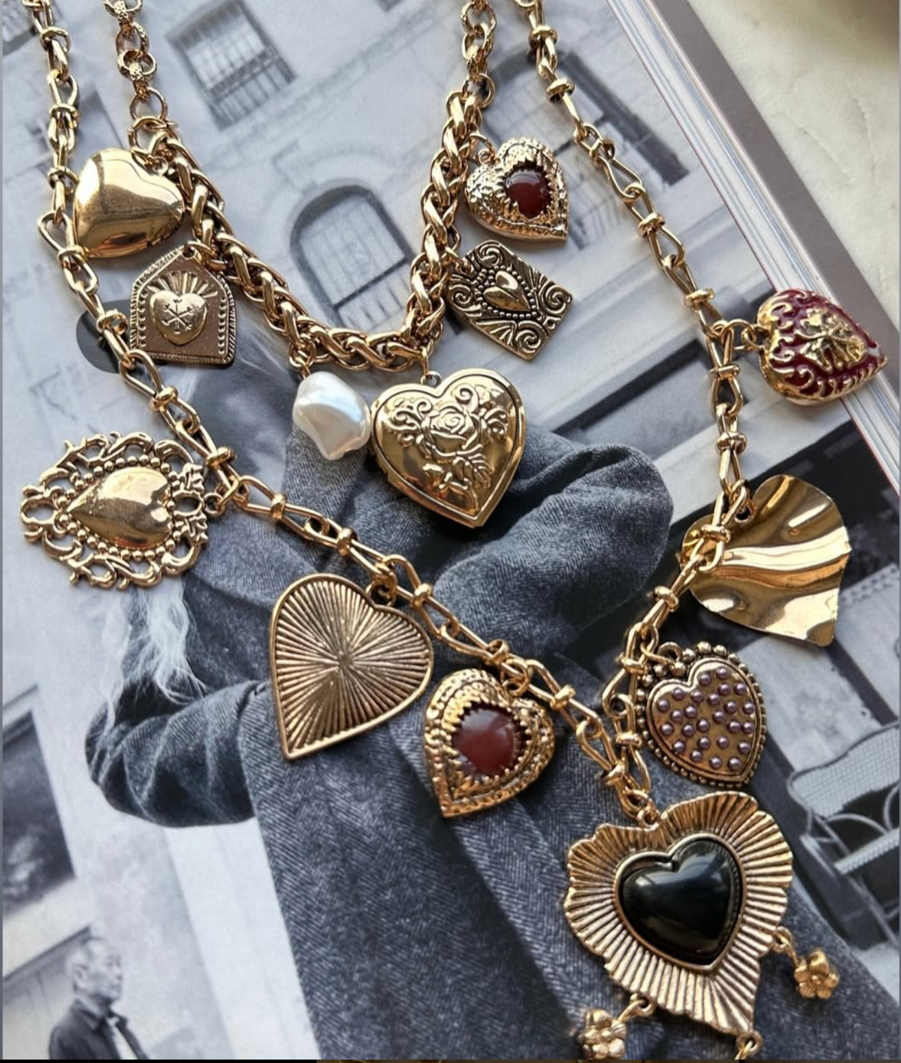 Vintage-Inspired Heart Charm Necklace Set – Gold-Plated Statement Jewelry