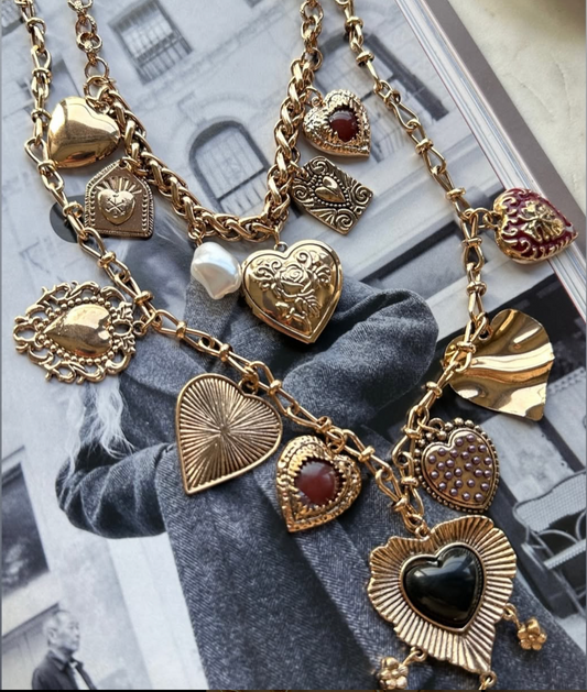 Vintage-Inspired Heart Charm Necklace Set – Gold-Plated Statement Jewelry