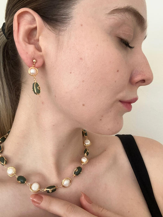 🌿 Handmade Limited Edition Pearl & Green Stone Necklace & Earring Set