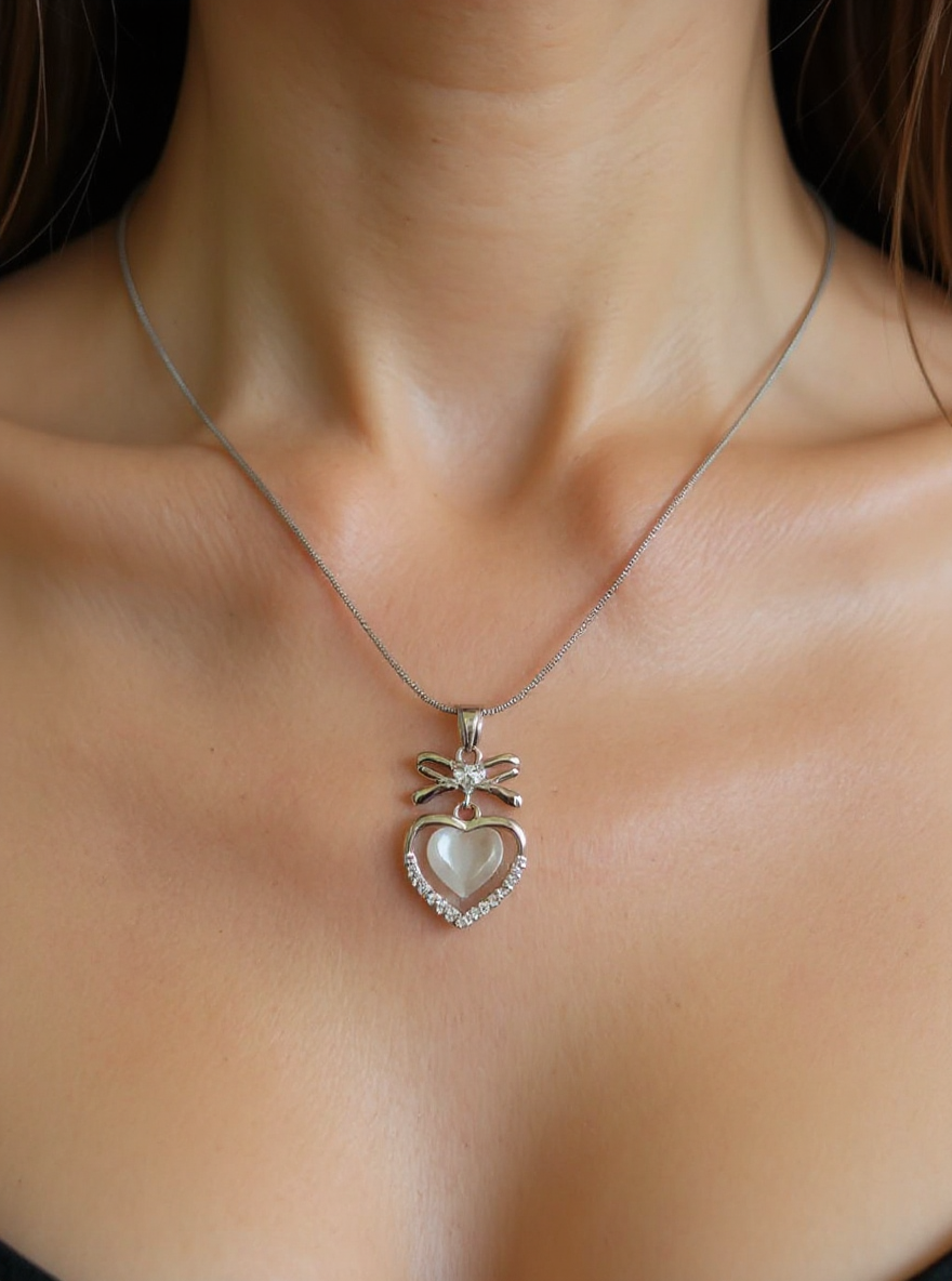 🤍 Zircon Heart Necklace with Bow Detail – Minimal Jewelry