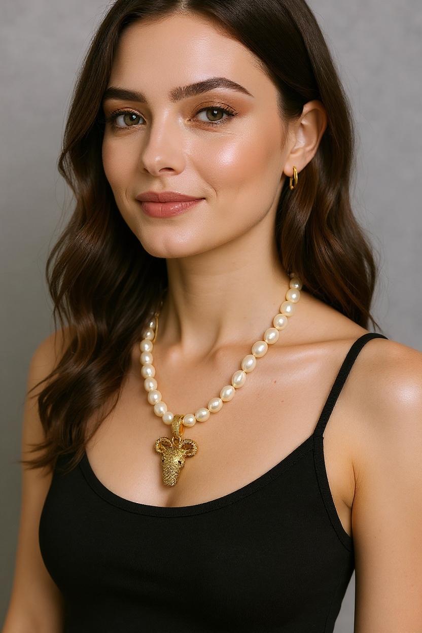 Handmade Baroque Pearl Necklace with Ram Head Pendant – Gold-Plated | Bold Artisan Statement Jewelry