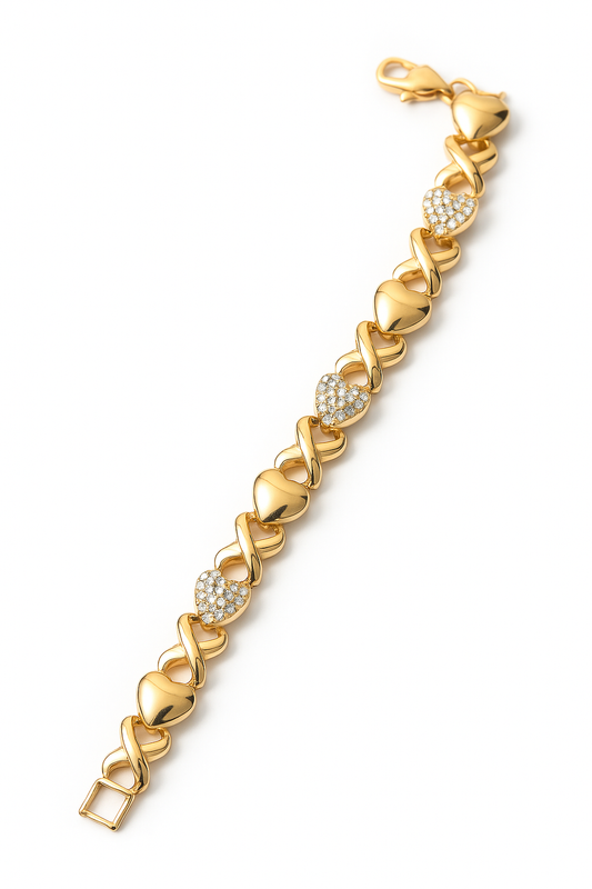 Gold Heart Link Bracelet – 18K Plated with Pavé Crystal Accents