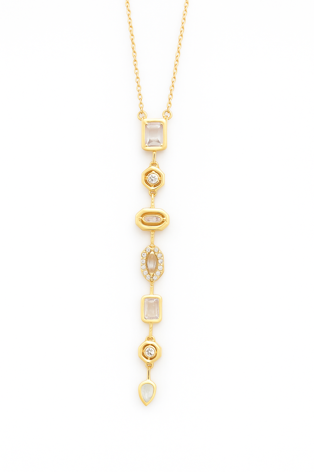Geometric Crystal Drop Necklace – 18K Gold-Plated Modern Elegance