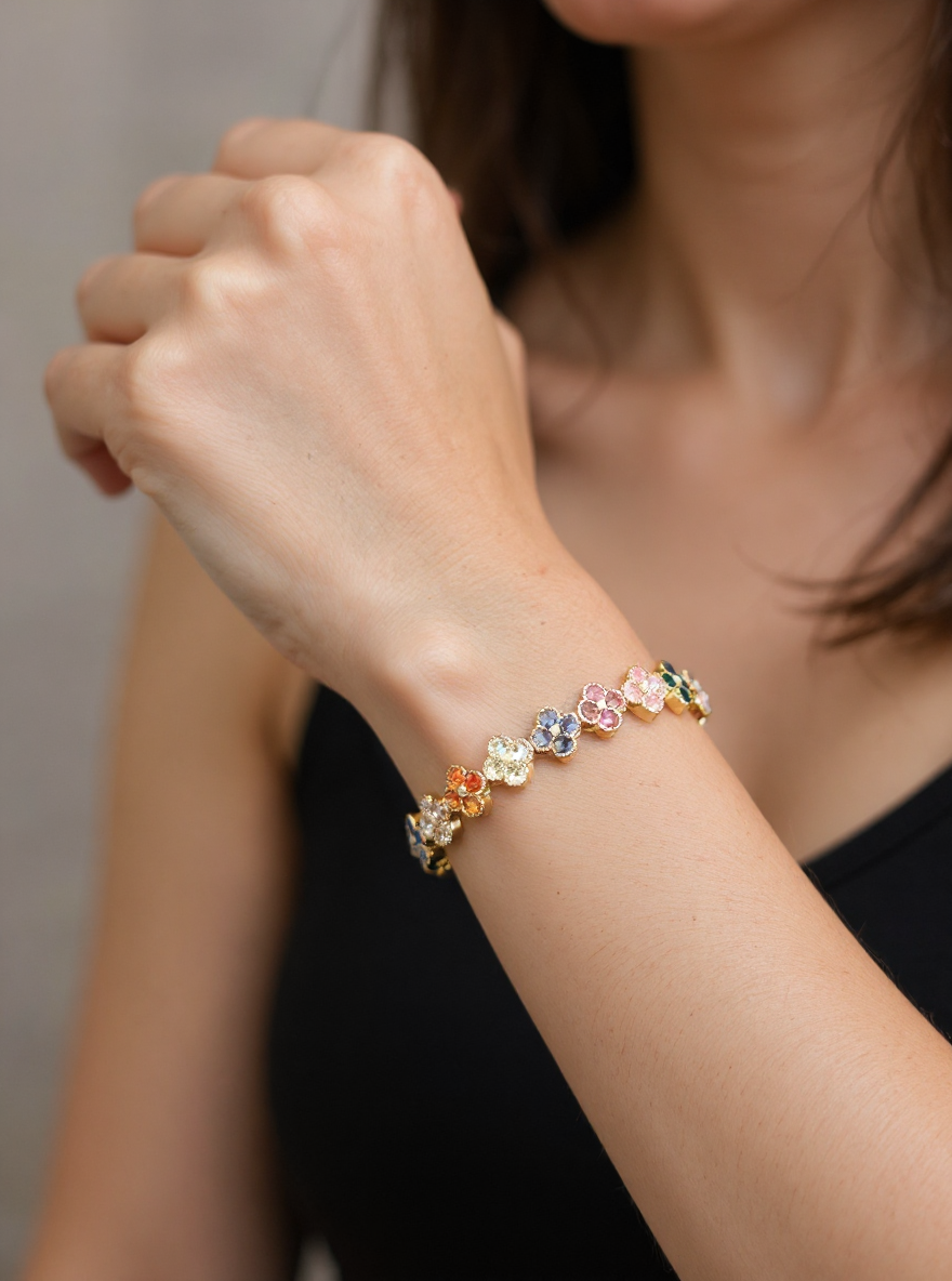 Rainbow Daisy Flower Bracelet – 18K Gold-Plated with Multicolor Cubic Zirconia