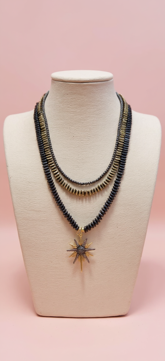 Handmade Hematite Necklace with Star Pendant – 22K Gold-Plated, Multi-Layered Statement Jewelry
