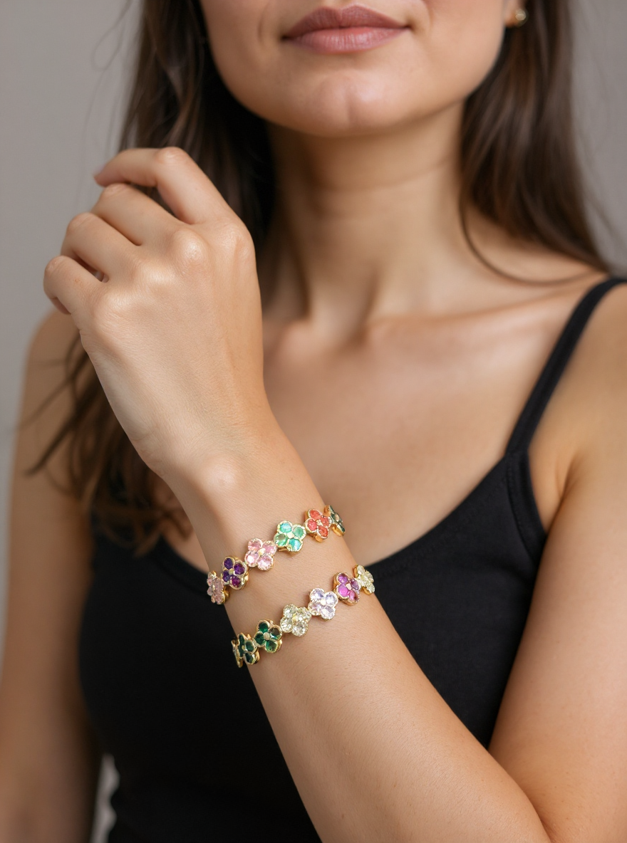 Rainbow Daisy Flower Bracelet – 18K Gold-Plated with Multicolor Cubic Zirconia