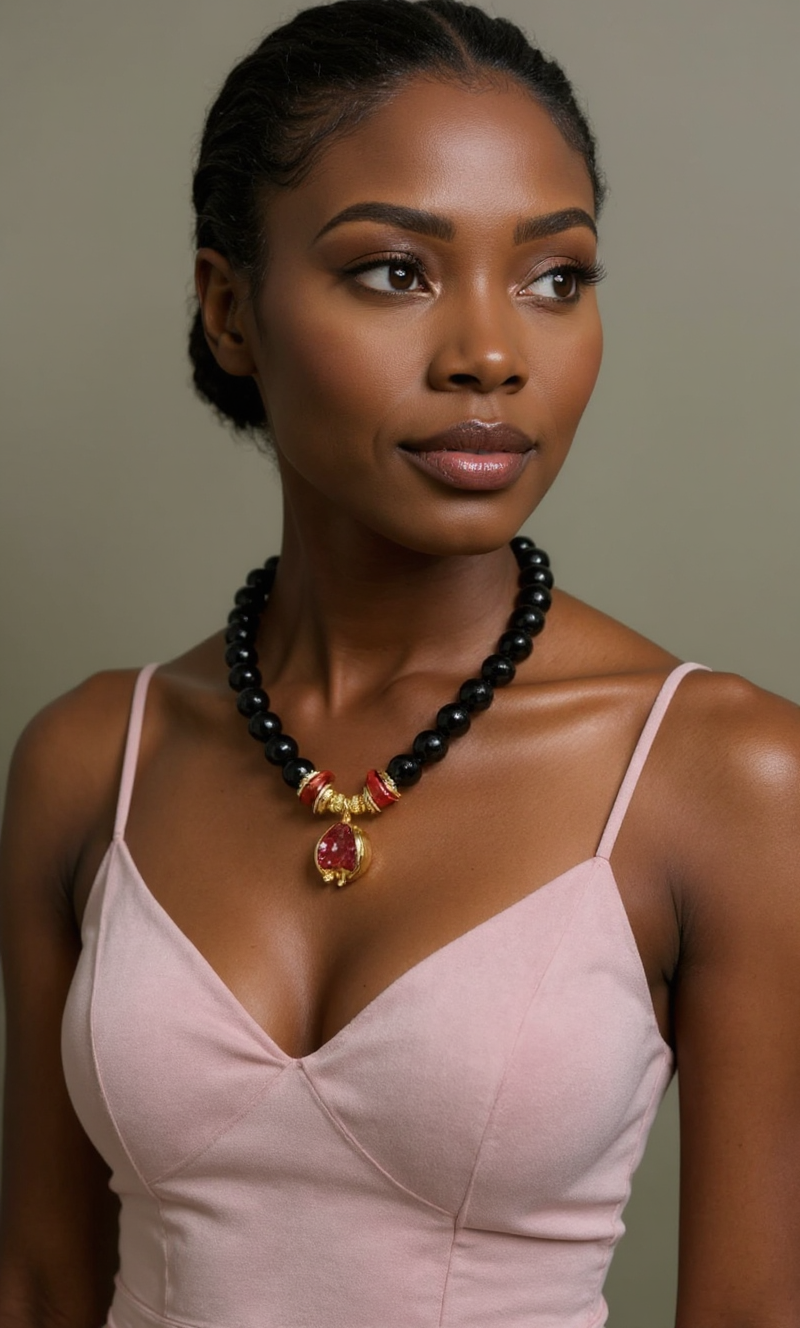 Handcrafted Black Onyx & Coral Necklace with Gold Pomegranate Pendant